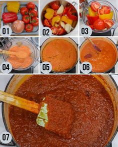 the steps to make tomato sauce are shown in this photo and then labeled with numbers