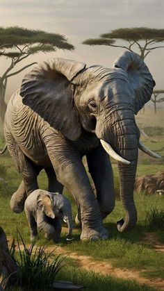 an elephant and its baby walking in the grass