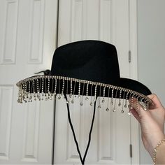 Fringe Bling Cowgirl Hat, Never Worn, Handmade Brimmed Costume Hats For Fall Parties, Brimmed Costume Hats And Headpieces For Fall Party, Fall Party Brimmed Costume Hats And Headpieces, Fall Party Costume Hats And Headpieces With Brim, Winter Party Brimmed Felt Hat, Winter Party Hats With Short Brim, Wide Brim Costume Hats For Fall Parties, Wide Brim Costume Hats And Headpieces For Fall Party, Winter Party Fedora Costume Hat