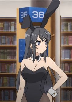 an anime character with long black hair and bunny ears standing in front of bookshelves