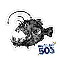 a sticker with an image of a fish and the words buy 10 get 50 % off