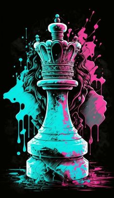 a painting of a chess piece with paint splatters on the back and sides