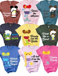 mickey mouse shirts are all different colors and designs for each person's birthday party