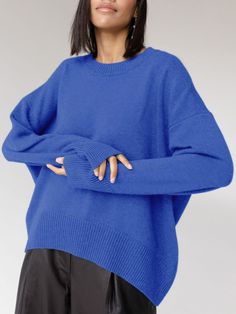 DETAILS Composition: 50% Viscose, 22% Nylon, 28% Polyester Design: Plain Style: Casual Thickness: Regular Material: Knit Occasion: Leisure Royal Blue Sweater, Oversized Pullover Sweaters, Sweater Streetwear, Winter Knitwear, Jumper Outfit, Oversized Sweater Women, Pull Oversize, Solid Color Sweater, Women Sweaters Winter