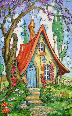 a painting of a house in the woods with trees and flowers around it, surrounded by mushrooms