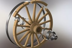 an old wooden wheel with metal spokes and wheels on the front is shown in this image