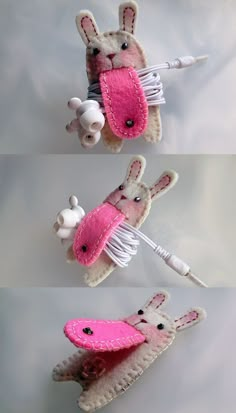 two pictures of stuffed animals with hair clips attached to them, one is pink and the other is white