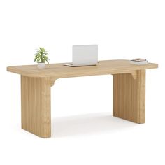 a wooden desk with a laptop on top of it and a plant in the middle