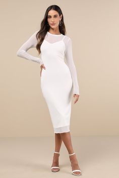 Perfect Plans Ivory Sheer Mesh Long Sleeve Bodycon Midi Dress Mesh Dress Bodycon, Sultry Dress, Long Sleeve Bodycon Midi Dress, Long Sleeve Mesh Dress, Fitted Sleeves, Bodycon Midi Dress, Dress With Long Sleeves, Mesh Long Sleeve, Bodycon Midi