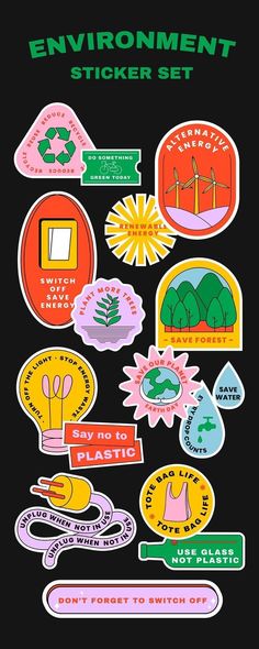 an image of stickers on the back of a black t - shirt that says environment sticker set