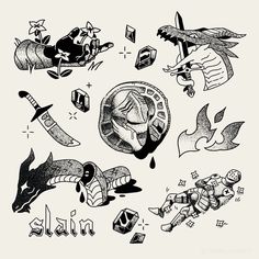 an ink drawing of various items and symbols