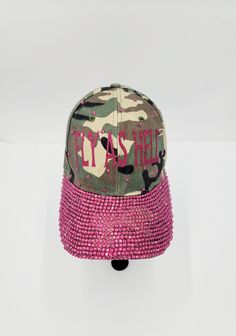 Fly As Hell camo hat with pink rhinestones Baddie Jackets, Rave Hats, Midwest Princess, Custom Made Hats, Princess Hat, Camo Hat, Skull Hat, Junk Jewelry, Camo Hats