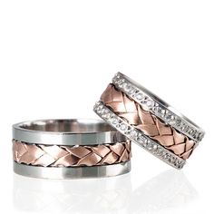 two wedding bands with diamonds on each one in white gold and rose gold plated