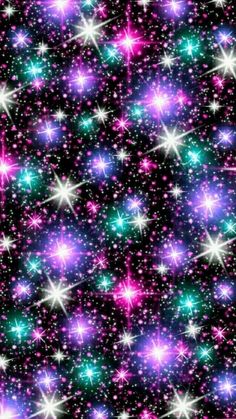 many stars are in the sky with pink and blue colors on them, as well as green