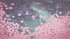 pink flowers are floating in the water on a black surface with white lines and dots