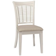 a white chair with a beige cushion on the seat and backrest, against a white background