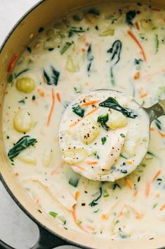 a ladle full of creamy vegetable soup