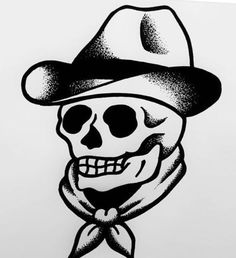 a black and white drawing of a skull wearing a hat