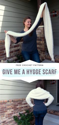 a woman is standing outside with her hands on her hips and the text, give me a hygge scarf