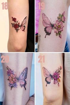 four different tattoos with butterflies and flowers on their legs, each one has the number twenty