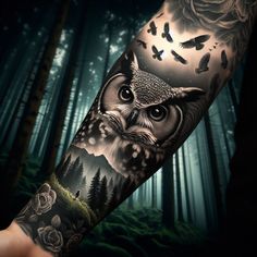 an owl tattoo on the arm with roses and birds flying around it in the woods