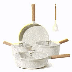 a set of white pots and pans with wooden utensils