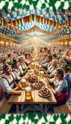 a group of people sitting at a table with beer and pretzels in front of them