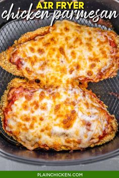 two chicken parmesan pizzas sitting in an air fryer with text overlay