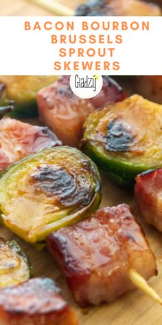 bacon bourbon brussel sprouts skewers on a cutting board