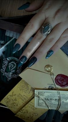 slytherinnails,slytherin,hogwartsnails,deathlyhallows #harrypotternails #viralpost greenslytherinnails, silverslytherinnails. Slytherin Inspired Nails, Harry Potter Nails Slytherin, Slytherin Nail Ideas, Slytherin Nails, Nail Info, Slytherin Vibes, Potter Nails, Slytherin Gang