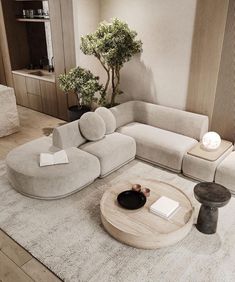 a living room filled with furniture and a tree in the corner on top of a rug