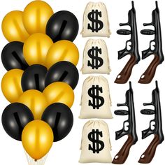 PRICES MAY VARY. Cosplay Party Decorations: the package comes with 4 pieces of inflatable gun props, 4 pieces of money bags and 24 pcs black and gold balloons, 32 pieces of in total, a nice set is suitable for themed cosplay parties, gangster cosplay parties and other cosplay games Cool Decorative Effect: the fake guns are in black, and provides a cool decoration effect to make your party retro and charming, and let you play the role to the fullest; The gold and black balloon garland kit can be 1920s Party Decorations, Harlem Nights Party, 1920 Party, Cowboy Themed Birthday Party, Gangster Party, Speakeasy Party, Black And Gold Balloons, Roaring 20s Party, Black Balloon