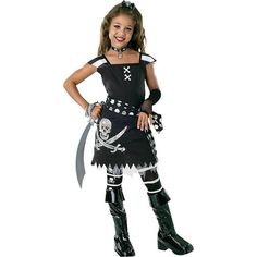 Yo ho ho! The Scar-let Pirate Child's Costume is a fun way to dress like a pirate. It features a black and white dress with a big skull and crossed swords print, and underskirt that adds fullness, a black and white skull print sash, and boot covers for your own shoes. Sword, jewelry, and tights not included. Size: 4-6. Pirate Outfit Girl, Pirate Girl Costume, Girl Pirates, Female Pirate Costume, Baby Kostüm, Pirate Outfit, Boot Covers, Halloween Costume Accessories, Queen Dress