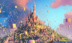 an image of a castle in the sky with hot air balloons floating over it and people flying around