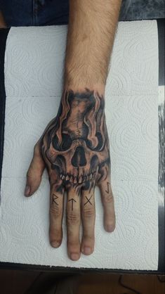 a man's hand with a skull tattooed on it