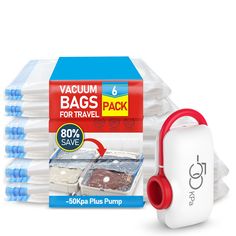 pack of vacuum bags for travel with red handle and white case on top, next to stack of 50 packs of vacuum bags