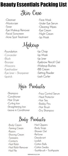 FINALLY a complete packing list of all the beauty products you could ever need! Haut Routine, Packing Essentials List, Makeup List, Skin Care Cleanser, Essentials List, Facial Sunscreen, Acne Spots, Beauty School, Eye Makeup Remover