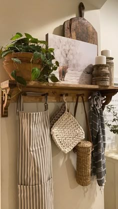 a shelf with towels and plants on it