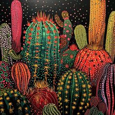 a painting of many different kinds of cacti in the night sky with stars on them