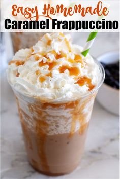 an easy homemade caramel frappuccino drink with whipped cream and caramel drizzle