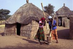 two women are standing in front of huts with straw roofing and holding wooden poles