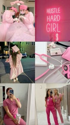 the collage shows two women in pink outfits and one is holding a cell phone