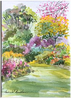 a watercolor painting of trees and flowers