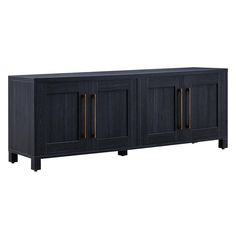 the sideboard is black and has three doors on one side, and two drawers on the other