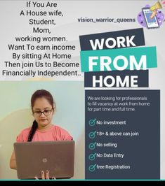 a woman sitting in front of a laptop computer with the words work from home on it