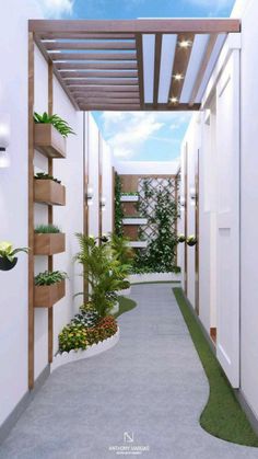 an empty hallway with plants and potted plants