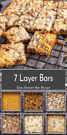 seven layer bars on a grill with different types of desserts and spices in them