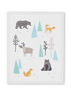 an animal print on a white background with trees and animals in the foreground,