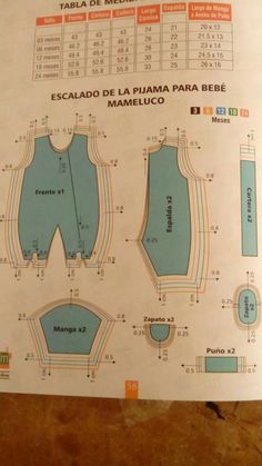 a paper pattern for a baby's bodysuit with measurements and instructions on it