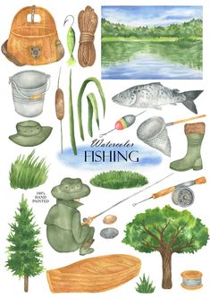 watercolor fishing clipart set with fish, trees and other things to fly in the air